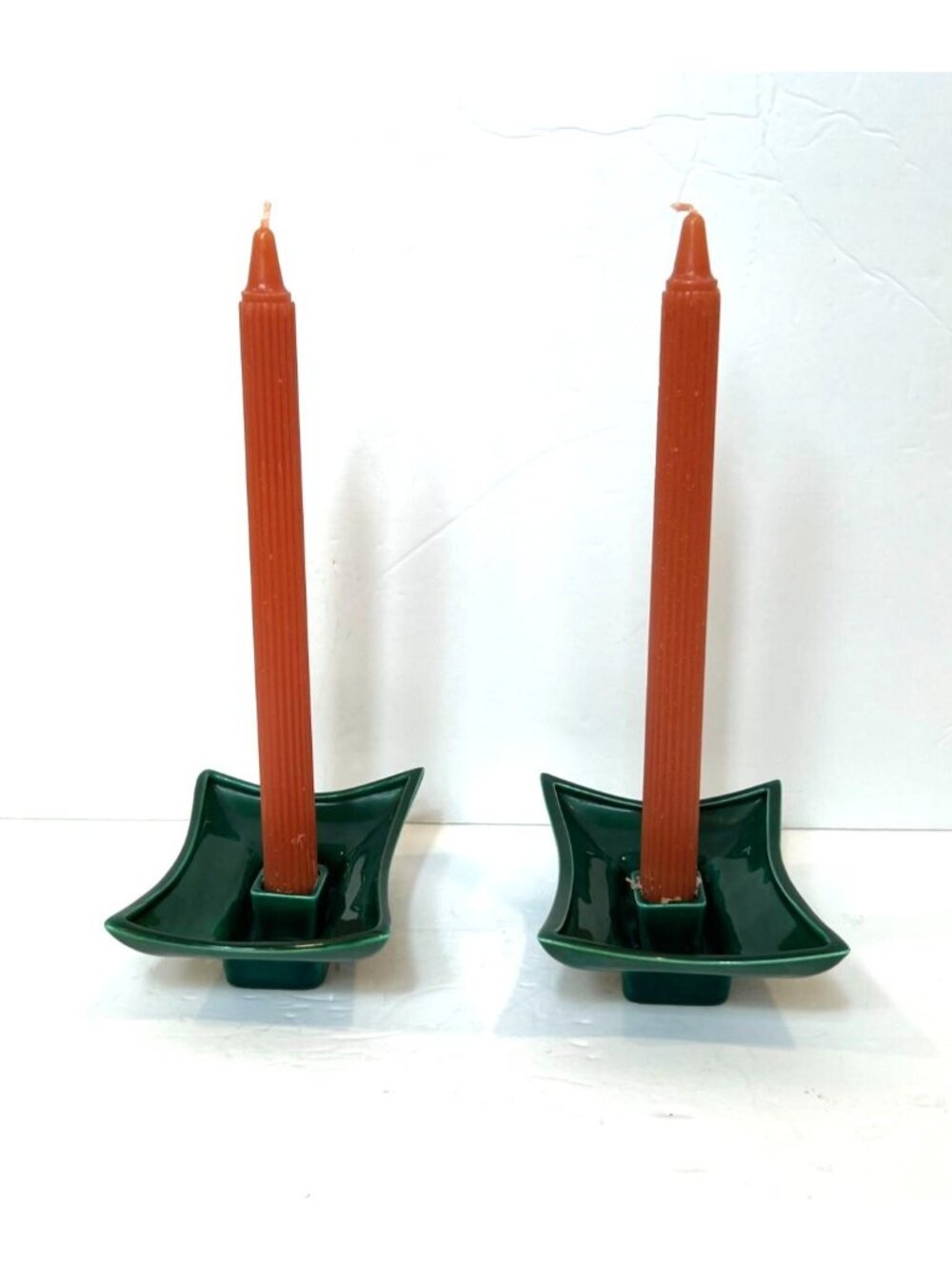 Vintage Forest Green Ceramic Candle Holders Asian-Inspired Design Set Of Square
